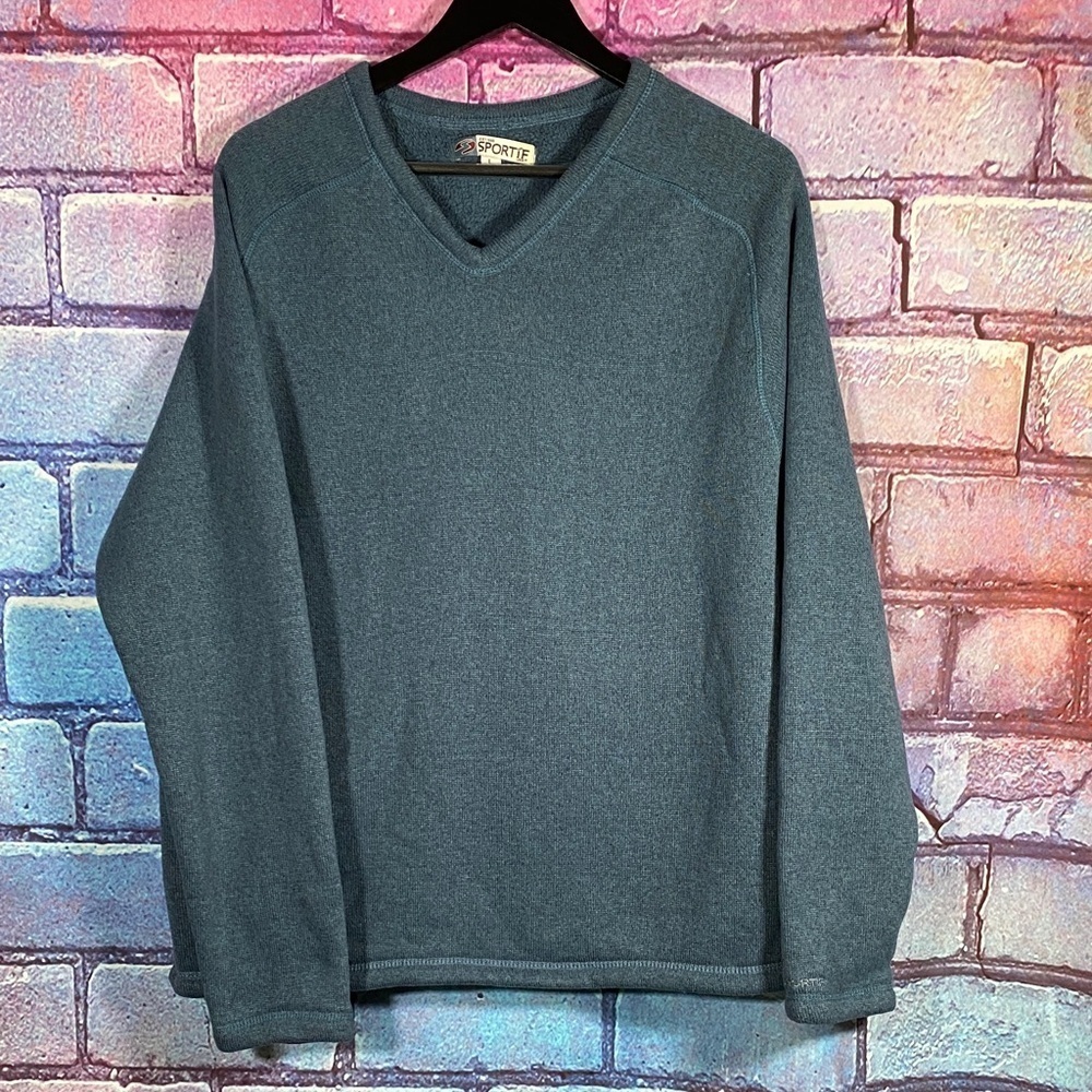 Sportif USA Large Blue V-Neck Pullover Sweater Fleece Lined Warm Winter Casual